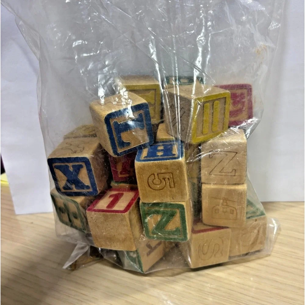 Vintage Wooden Alphabet Blocks Lot 36 Pieces ABC Number Learning Cubes Toy